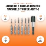 Juego de 6 Brocas HSS con Machuelo Truper JBMT-6: imagen promocional con 6 piezas, acero hss, punta 135°, zanco hexagonal
