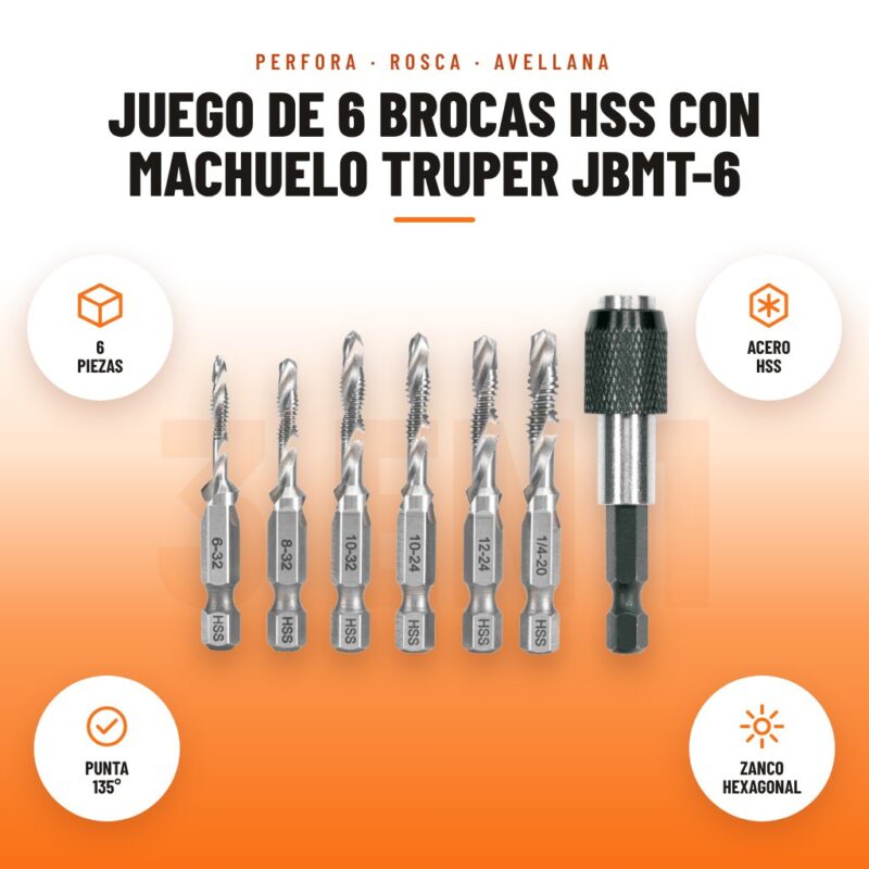 Juego de 6 Brocas HSS con Machuelo Truper JBMT-6: imagen promocional con 6 piezas, acero hss, punta 135°, zanco hexagonal