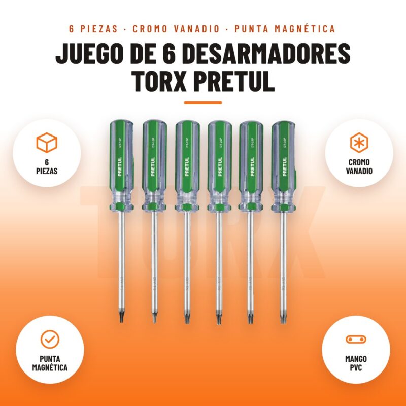 Juego de 6 Desarmadores Torx Pretul: imagen promocional con 6 piezas, cromo vanadio, punta magnética, mango pvc