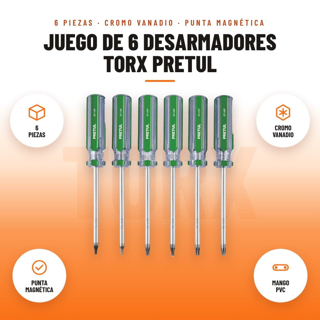 Juego de 6 Desarmadores Torx Pretul: imagen promocional con 6 piezas, cromo vanadio, punta magnética, mango pvc