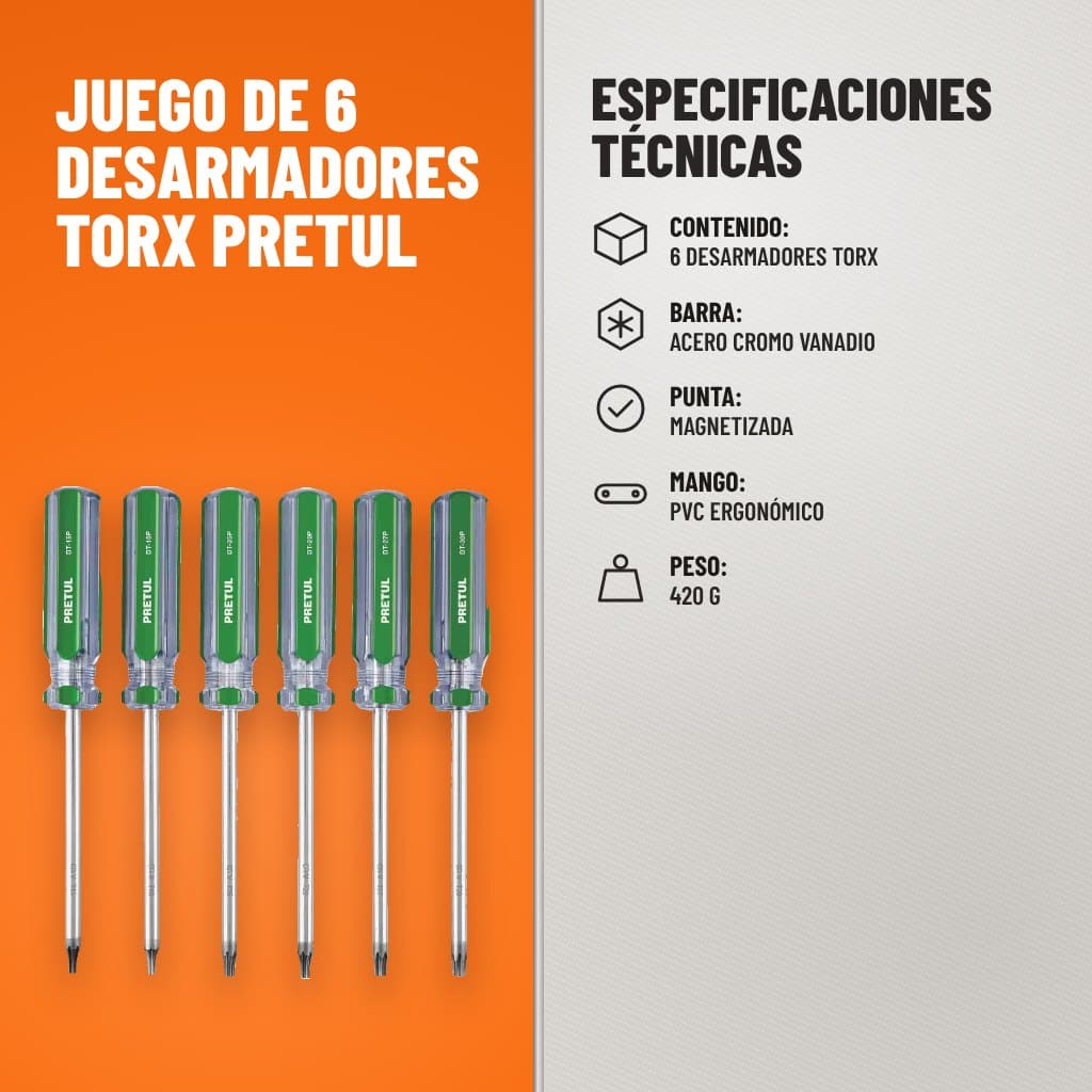 Especificaciones técnicas de Juego de 6 Desarmadores Torx Pretul