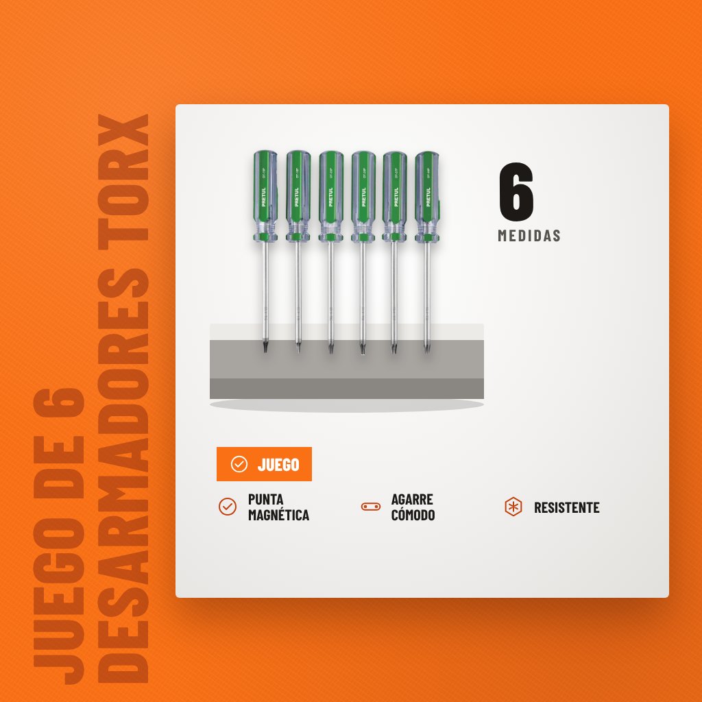 Juego de 6 Desarmadores Torx Pretul sobre soporte con sus beneficios principales