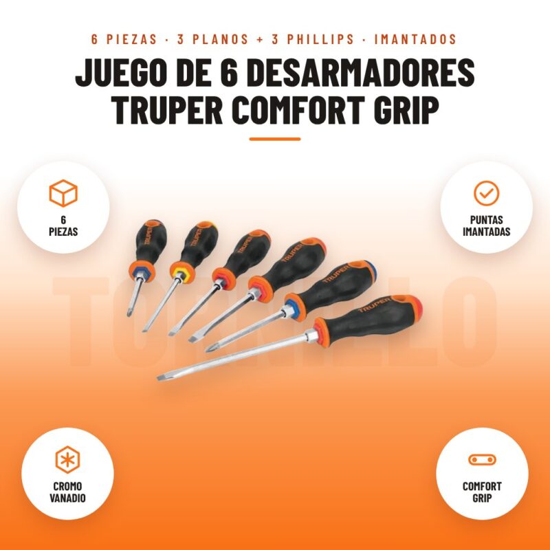 Juego de 6 Desarmadores Truper Comfort Grip: imagen promocional con 6 piezas, puntas imantadas, cromo vanadio, comfort grip