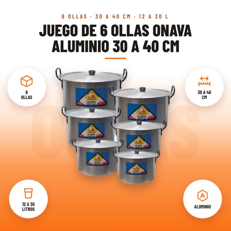 Juego de 6 Ollas Onava Aluminio 30 a 40 cm: imagen promocional con 6 ollas, 30 a 40 cm, 12 a 30 litros, aluminio