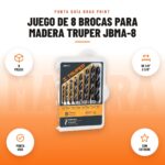 Juego de 8 Brocas para Madera Truper JBMA-8: imagen promocional con 8 piezas, de 1/8″ a 3/8″, punta guía, con estuche