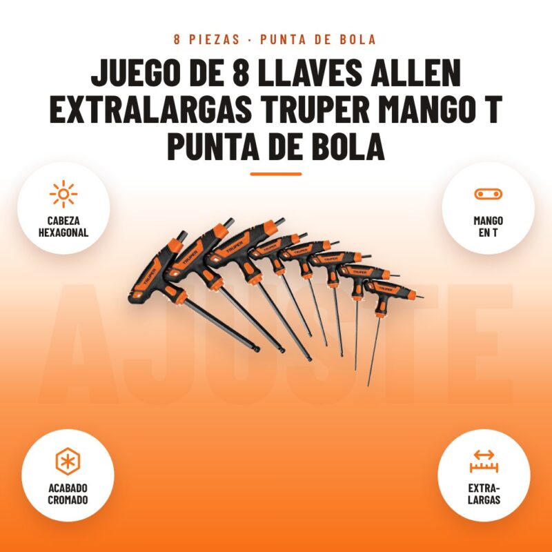 Juego de 8 Llaves Allen Extralargas Truper Mango T Punta de Bola: imagen promocional con cabeza hexagonal, mango en t, acabado cromado, extra- largas
