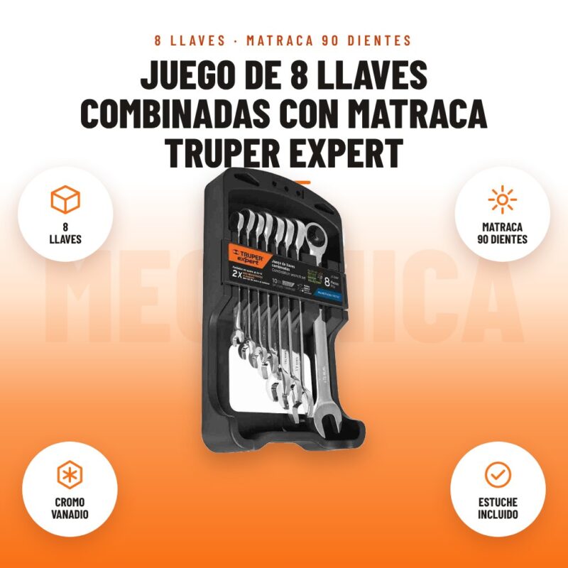 Juego de 8 Llaves Combinadas con Matraca Truper Expert: imagen promocional con 8 llaves, matraca 90 dientes, cromo vanadio, estuche incluido