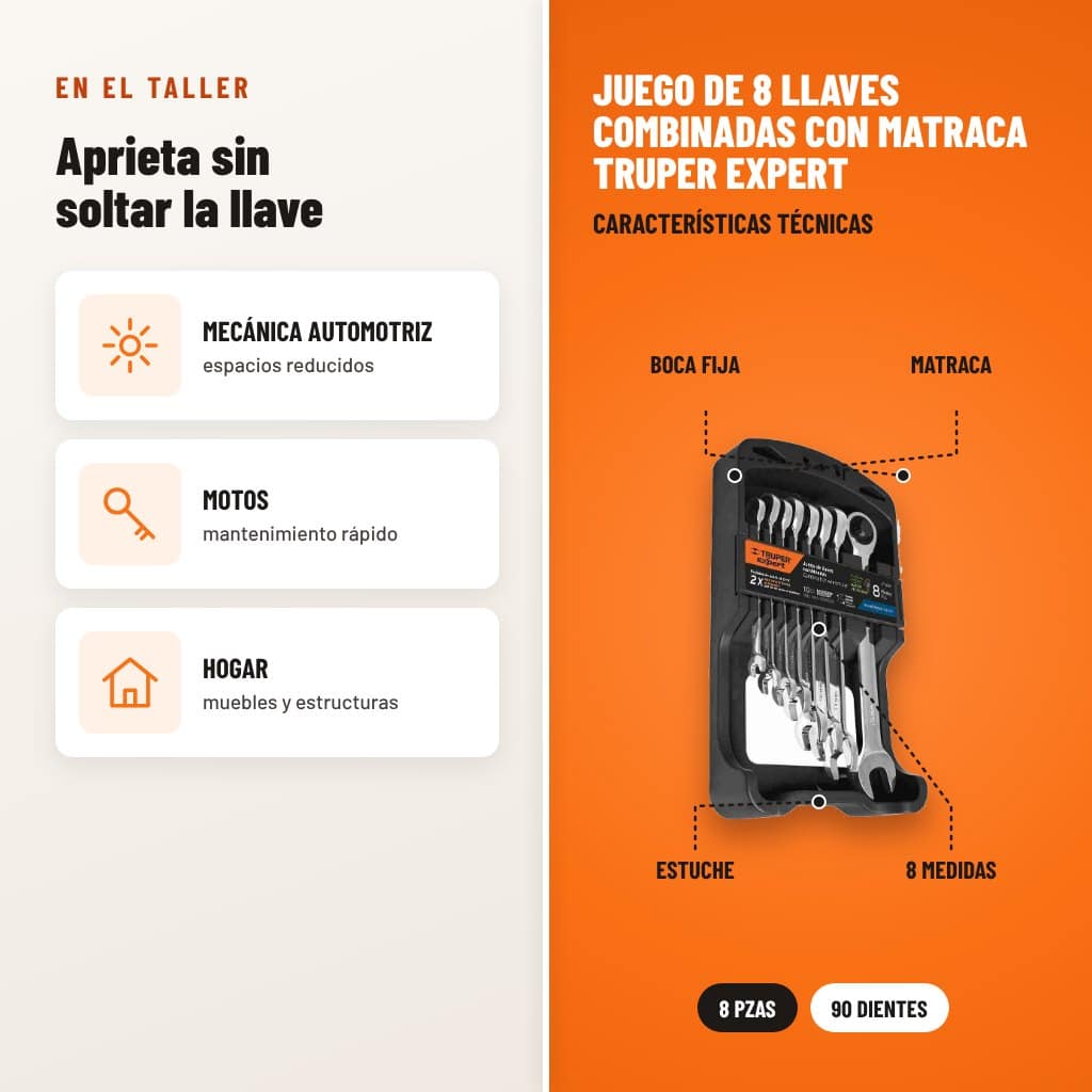 Juego de 8 Llaves Combinadas con Matraca Truper Expert: usos y características técnicas señaladas