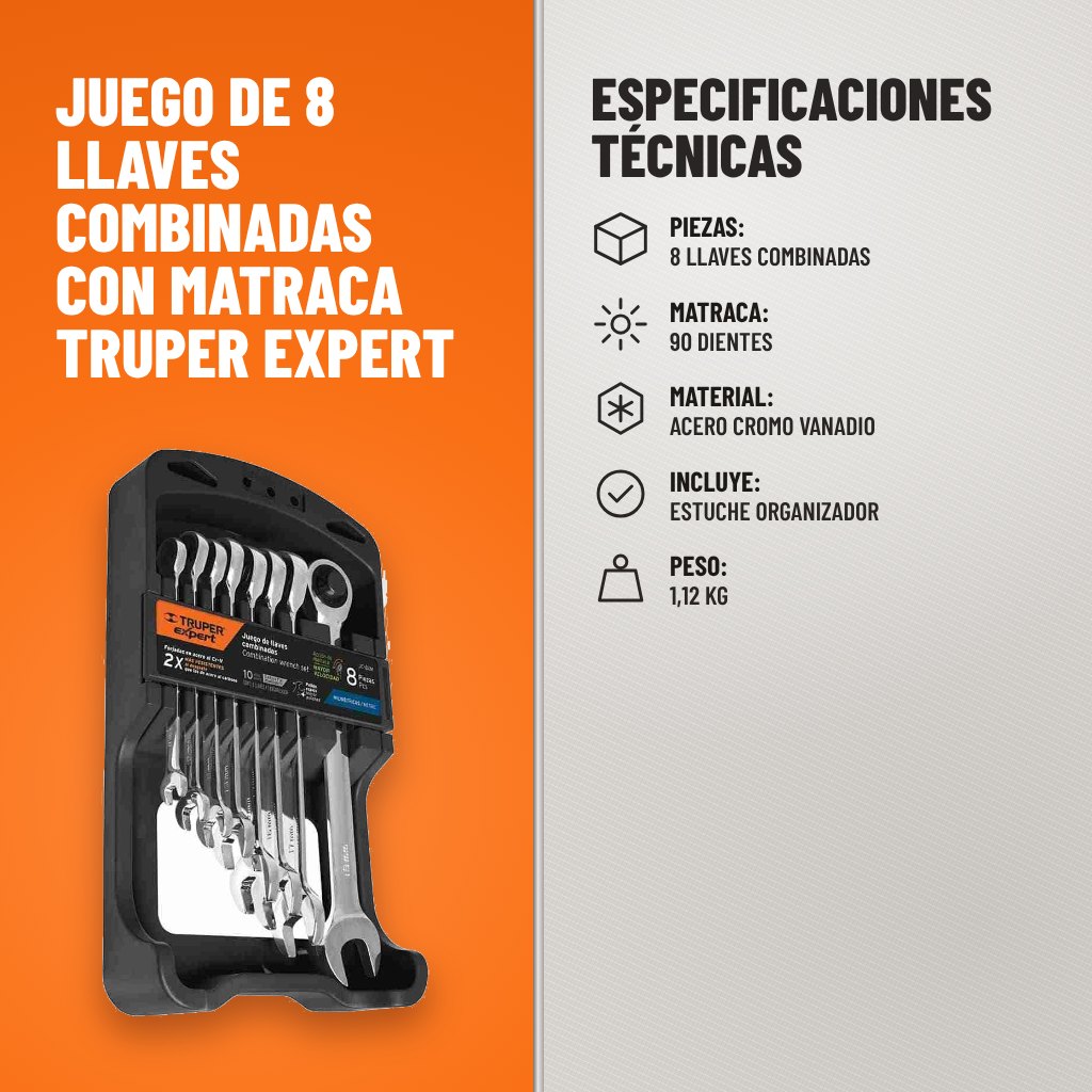 Especificaciones técnicas de Juego de 8 Llaves Combinadas con Matraca Truper Expert