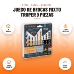 Juego de Brocas Mixto Truper 9 Piezas: imagen promocional con 9 brocas, 3 para metal hss, 3 para concreto, 3 para madera