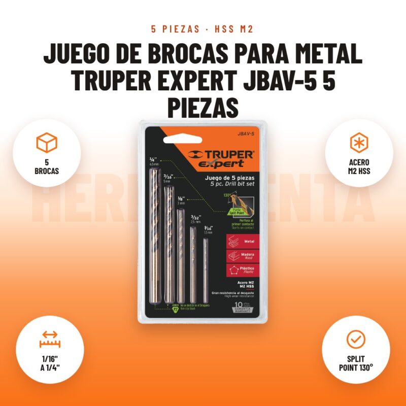 Juego de brocas para metal Truper Expert JBAV-5 5 piezas: imagen promocional con 5 brocas, acero m2 hss, 1/16" a 1/4", split point 130°