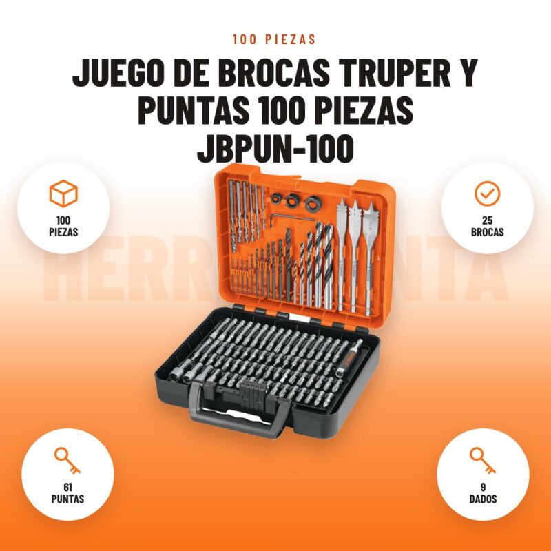 Juego de Brocas Truper y Puntas 100 Piezas JBPUN-100: imagen promocional con 100 piezas, 25 brocas, 61 puntas, 9 dados