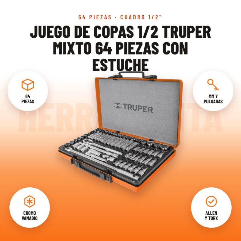 Juego de Copas 1/2 Truper Mixto 64 Piezas con Estuche: imagen promocional con 64 piezas, mm y pulgadas, cromo vanadio, allen y torx