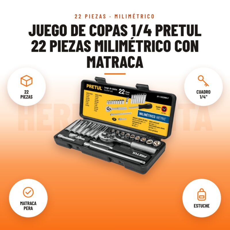 Juego de Copas 1/4 Pretul 22 Piezas Milimétrico con Matraca: imagen promocional con 22 piezas, cuadro 1/4", matraca pera, estuche