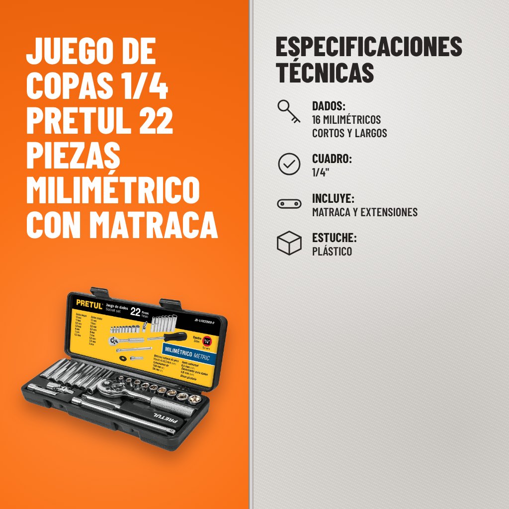 Especificaciones técnicas de Juego de Copas 1/4 Pretul 22 Piezas Milimétrico con Matraca