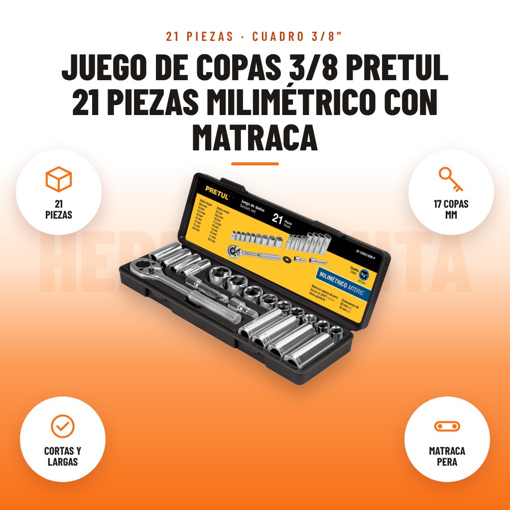 Juego de Copas 3/8 Pretul 21 Piezas Milimétrico con Matraca: imagen promocional con 21 piezas, 17 copas mm, cortas y largas, matraca pera