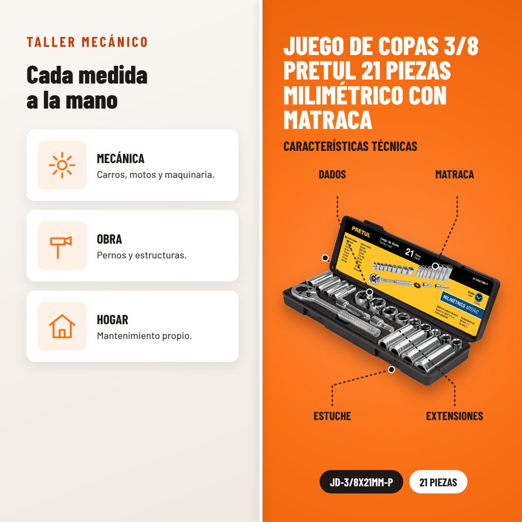 Juego de Copas 3/8 Pretul 21 Piezas Milimétrico con Matraca: usos y características técnicas señaladas