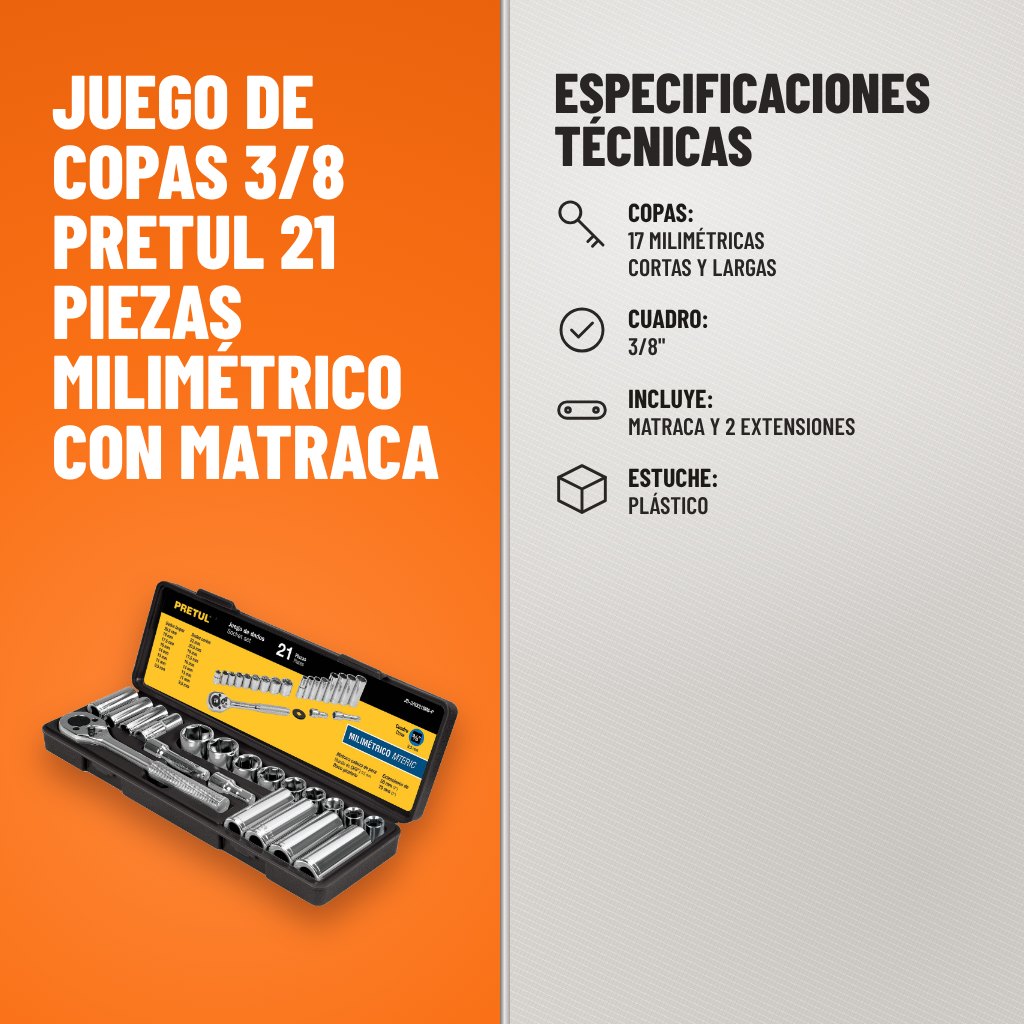 Especificaciones técnicas de Juego de Copas 3/8 Pretul 21 Piezas Milimétrico con Matraca