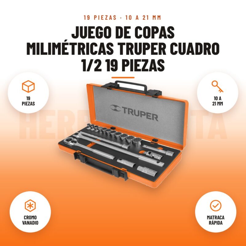 Juego de Copas Milimétricas Truper Cuadro 1/2 19 Piezas: imagen promocional con 19 piezas, 10 a 21 mm, cromo vanadio, matraca rápida
