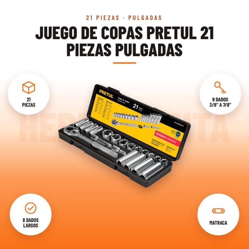 Juego de Copas Pretul 21 Piezas Pulgadas: imagen promocional con 21 piezas, 9 dados 3/8" a 7/8", 8 dados largos, matraca