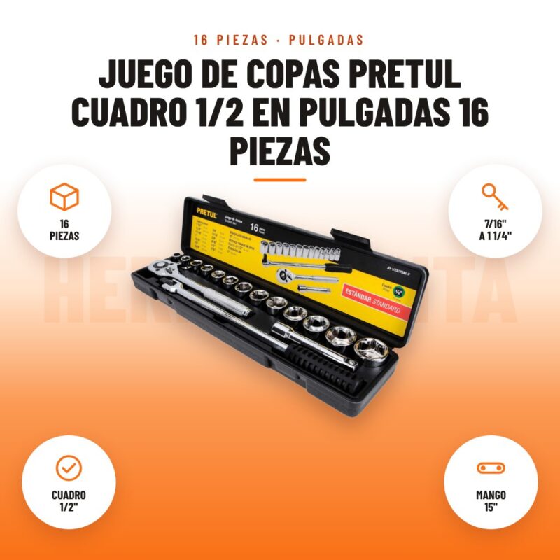 Juego de Copas Pretul Cuadro 1/2 en Pulgadas 16 Piezas: imagen promocional con 16 piezas, 7/16" a 1 1/4", cuadro 1/2", mango 15"