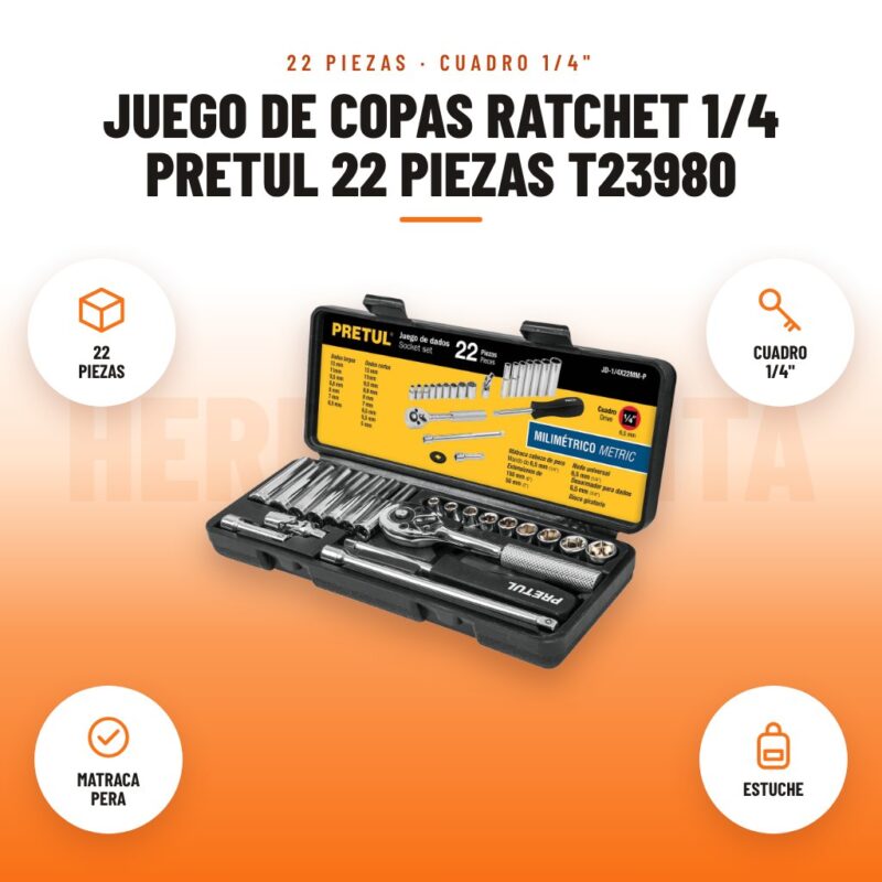 Juego de Copas Ratchet 1/4 Pretul 22 Piezas T23980: imagen promocional con 22 piezas, cuadro 1/4", matraca pera, estuche