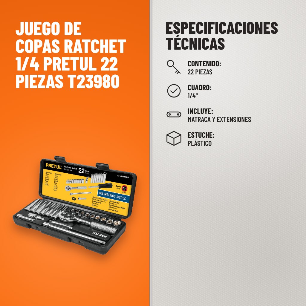 Especificaciones técnicas de Juego de Copas Ratchet 1/4 Pretul 22 Piezas T23980