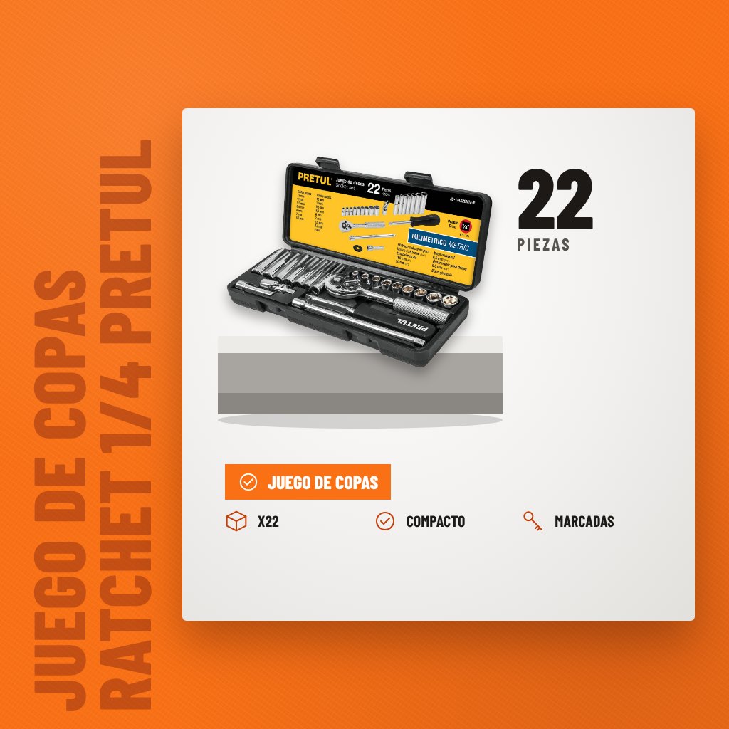 Juego de Copas Ratchet 1/4 Pretul 22 Piezas T23980 sobre soporte con sus beneficios principales