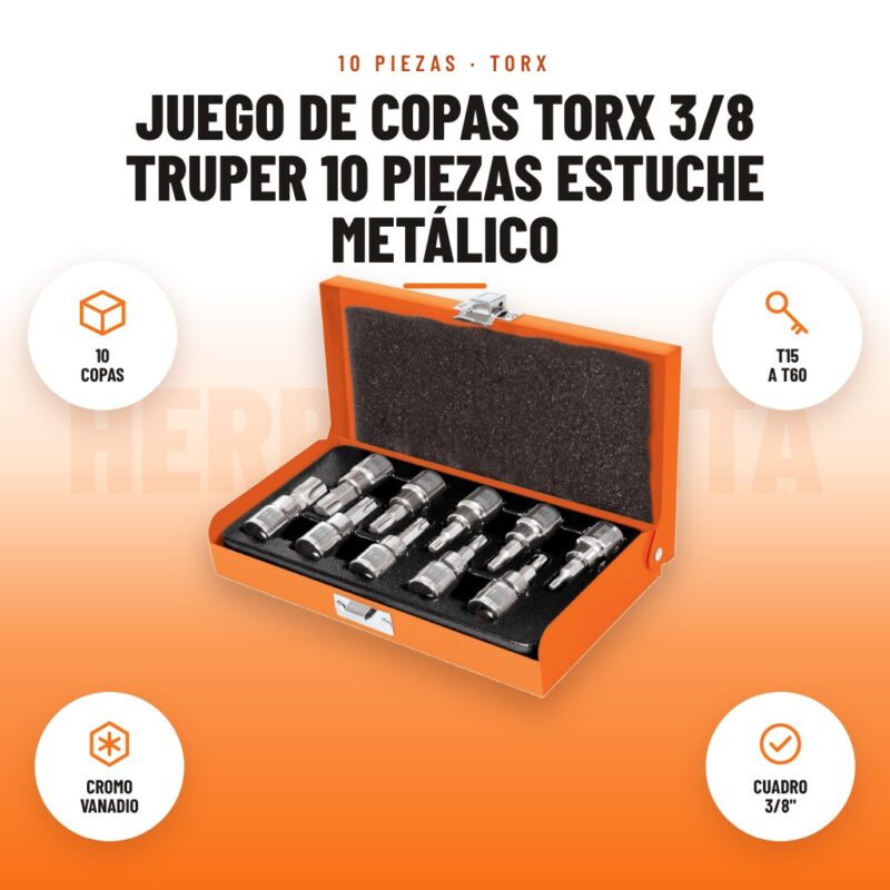 Juego de Copas Torx 3/8 Truper 10 Piezas Estuche Metálico: imagen promocional con 10 copas, t15 a t60, cromo vanadio, cuadro 3/8"