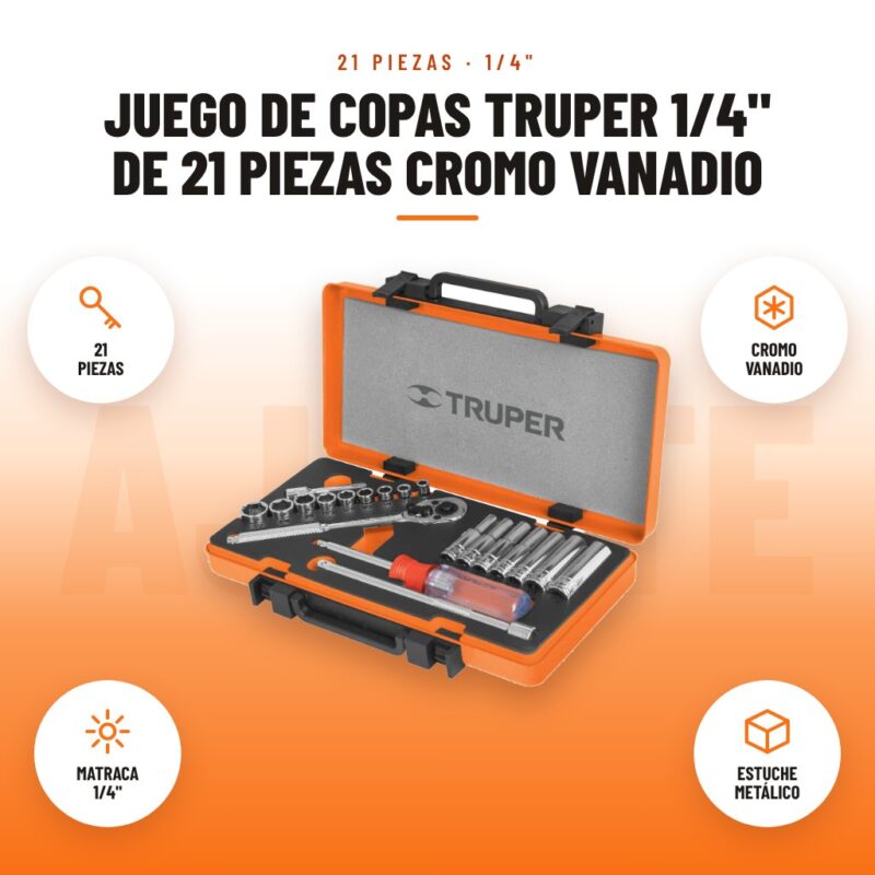 Juego de Copas Truper 1/4" de 21 Piezas Cromo Vanadio: imagen promocional con 21 piezas, cromo vanadio, matraca 1/4", estuche metálico