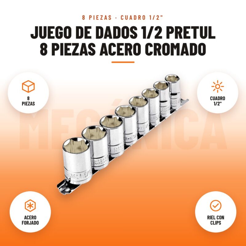 Juego de Dados 1/2 Pretul 8 Piezas Acero Cromado: imagen promocional con 8 piezas, cuadro 1/2", acero forjado, riel con clips