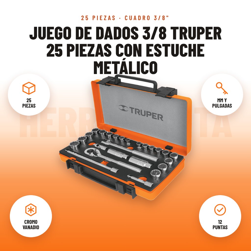 Juego de Dados 3/8 Truper 25 Piezas con Estuche Metálico: imagen promocional con 25 piezas, mm y pulgadas, cromo vanadio, 12 puntas