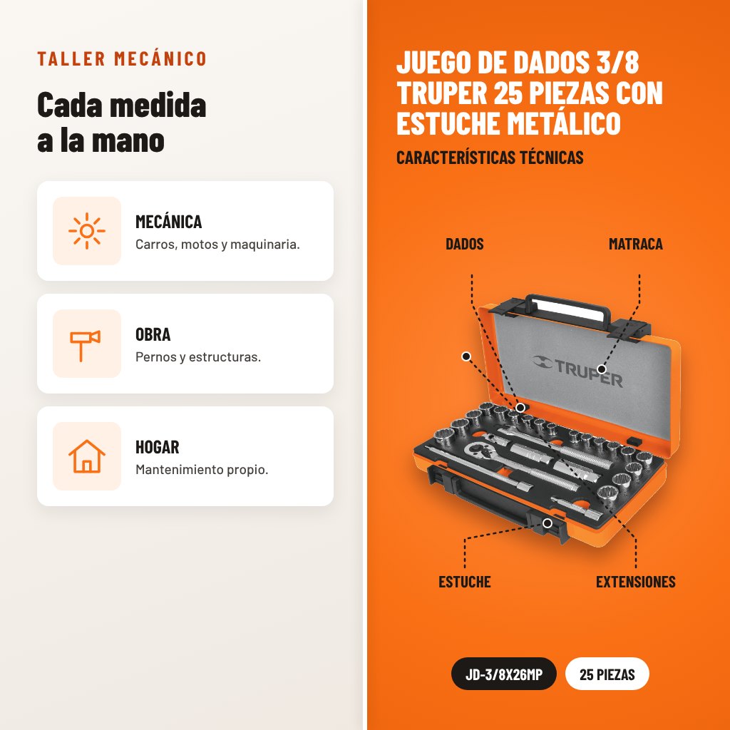 Juego de Dados 3/8 Truper 25 Piezas con Estuche Metálico: usos y características técnicas señaladas