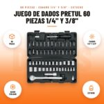 Juego de Dados Pretul 60 Piezas 1/4" y 3/8": imagen promocional con 60 piezas, cuadro 1/4" y 3/8", acero forjado, estuche