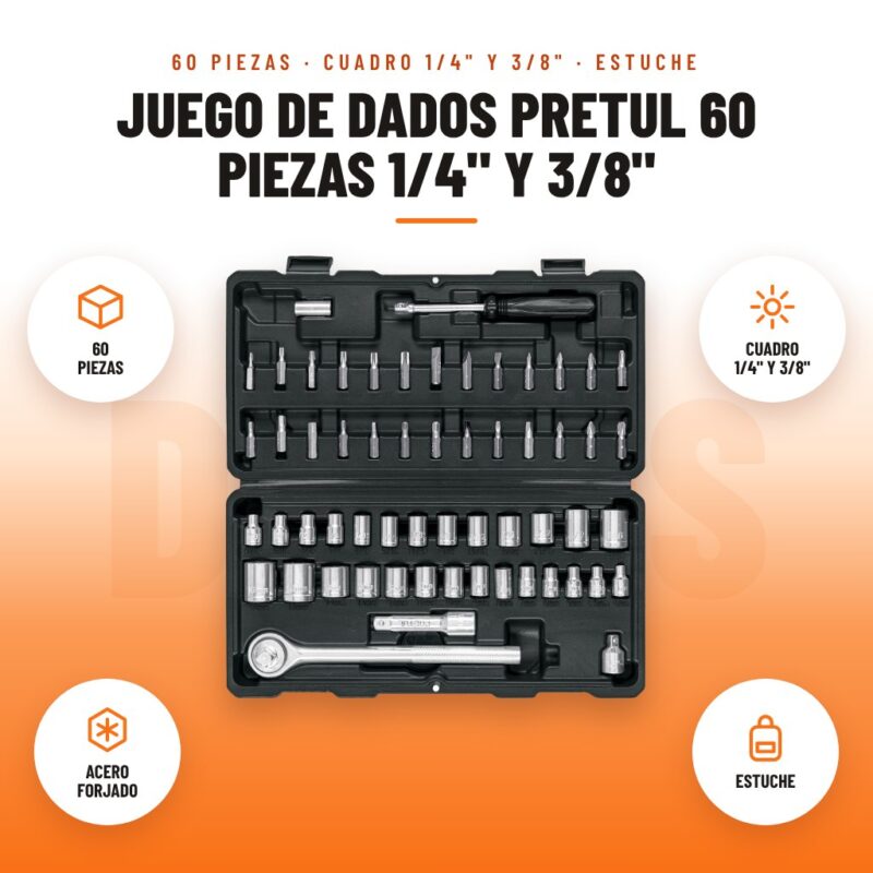 Juego de Dados Pretul 60 Piezas 1/4" y 3/8": imagen promocional con 60 piezas, cuadro 1/4" y 3/8", acero forjado, estuche