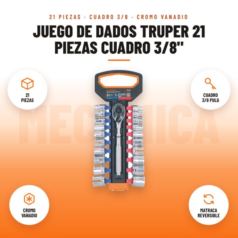 Juego de Dados Truper 21 Piezas Cuadro 3/8": imagen promocional con 21 piezas, cuadro 3/8 pulg, cromo vanadio, matraca reversible