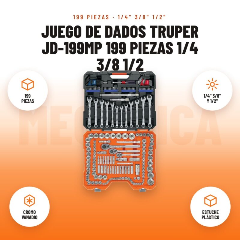 Juego de Dados Truper JD-199MP 199 Piezas 1/4 3/8 1/2: imagen promocional con 199 piezas, 1/4" 3/8" y 1/2", cromo vanadio, estuche plástico