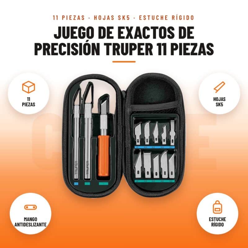 Juego de Exactos de Precisión Truper 11 Piezas: imagen promocional con 11 piezas, hojas sk5, mango antideslizante, estuche rígido