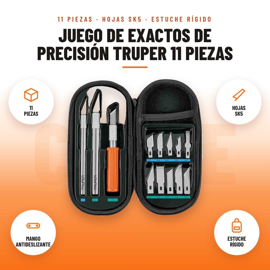 Juego de Exactos de Precisión Truper 11 Piezas: imagen promocional con 11 piezas, hojas sk5, mango antideslizante, estuche rígido