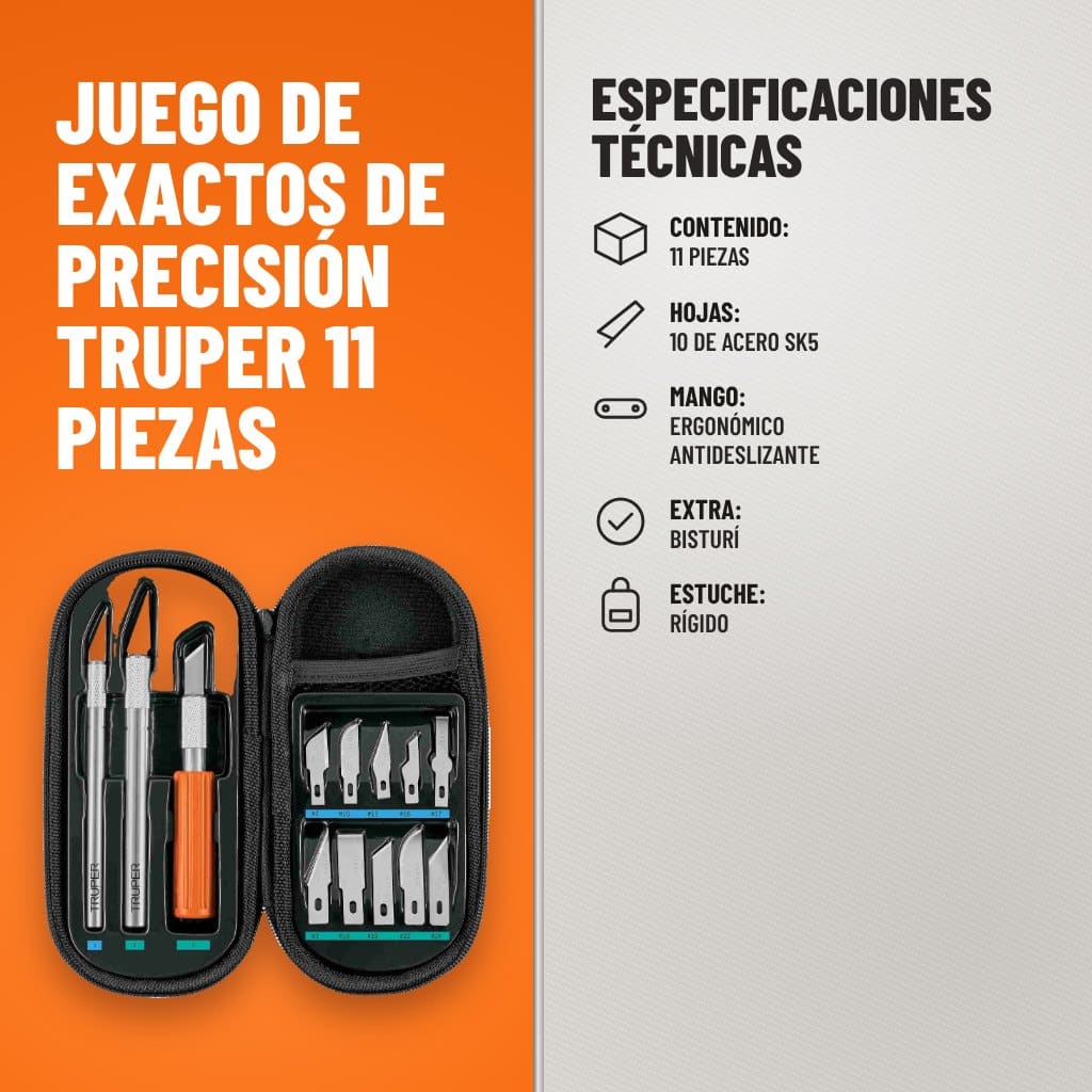 Especificaciones técnicas de Juego de Exactos de Precisión Truper 11 Piezas