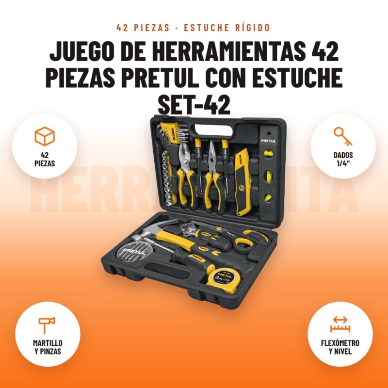 Juego de Herramientas 42 Piezas Pretul con Estuche SET-42: imagen promocional con 42 piezas, dados 1/4", martillo y pinzas, flexómetro y nivel