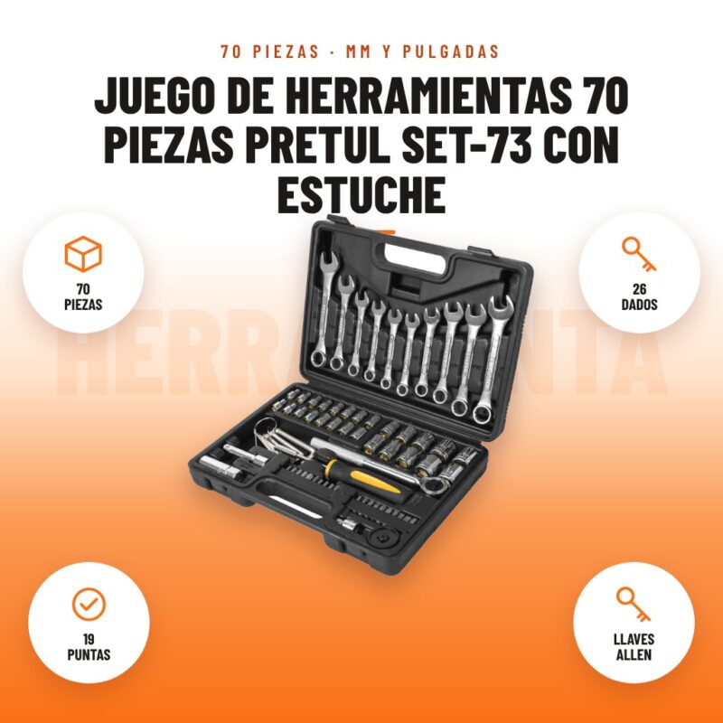 Juego de herramientas 70 piezas Pretul SET-73 con estuche: imagen promocional con 70 piezas, 26 dados, 19 puntas, llaves allen