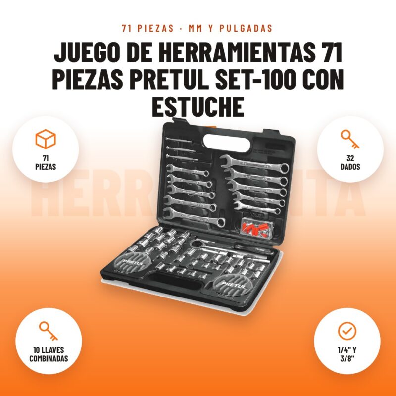 Juego de Herramientas 71 Piezas Pretul SET-100 con Estuche: imagen promocional con 71 piezas, 32 dados, 10 llaves combinadas, 1/4" y 3/8"