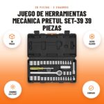 Juego de Herramientas Mecánica Pretul SET-39 39 Piezas: imagen promocional con 39 piezas, acero aleado, cuadros 1/4 y 3/8", cromado