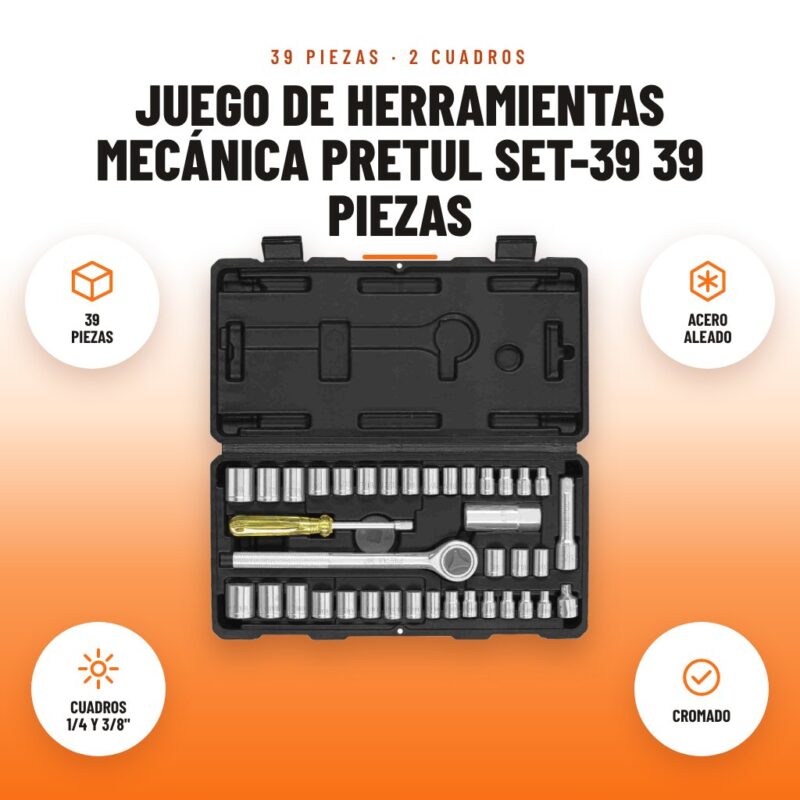 Juego de Herramientas Mecánica Pretul SET-39 39 Piezas: imagen promocional con 39 piezas, acero aleado, cuadros 1/4 y 3/8", cromado