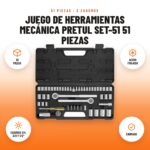 Juego de Herramientas Mecánica Pretul SET-51 51 Piezas: imagen promocional con 51 piezas, acero forjado, cuadros 1/4, 3/8 y 1/2", cromado