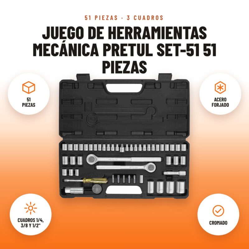 Juego de Herramientas Mecánica Pretul SET-51 51 Piezas: imagen promocional con 51 piezas, acero forjado, cuadros 1/4, 3/8 y 1/2", cromado