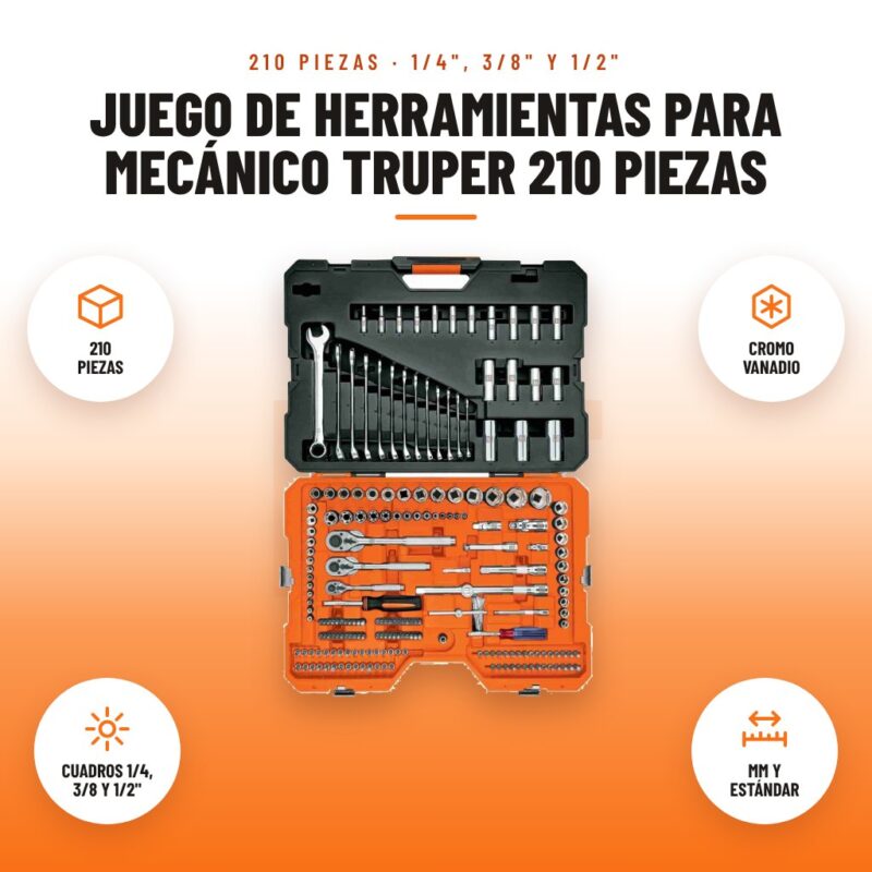 Juego de Herramientas para Mecánico Truper 210 Piezas: imagen promocional con 210 piezas, cromo vanadio, cuadros 1/4, 3/8 y 1/2", mm y estándar