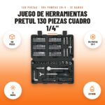 Juego de Herramientas Pretul 130 Piezas Cuadro 1/4": imagen promocional con 130 piezas, 104 puntas cr-v, 13 dados, estuche