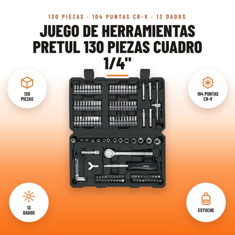 Juego de Herramientas Pretul 130 Piezas Cuadro 1/4": imagen promocional con 130 piezas, 104 puntas cr-v, 13 dados, estuche